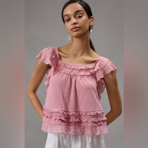 NWT Anthropologie Ruffled Flutter-Sleeve Top — Pink — Size L